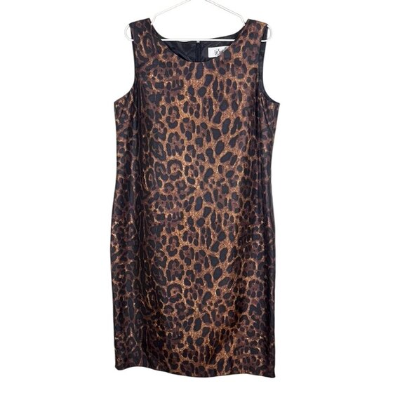 Animal Print Midi Dress 14 Brown Sheath Neutral Classic Old Money Preppy Chic - Picture 1 of 9
